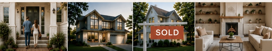 A couple at their front door, a home lit at dusk, a SOLD sign, and a living room